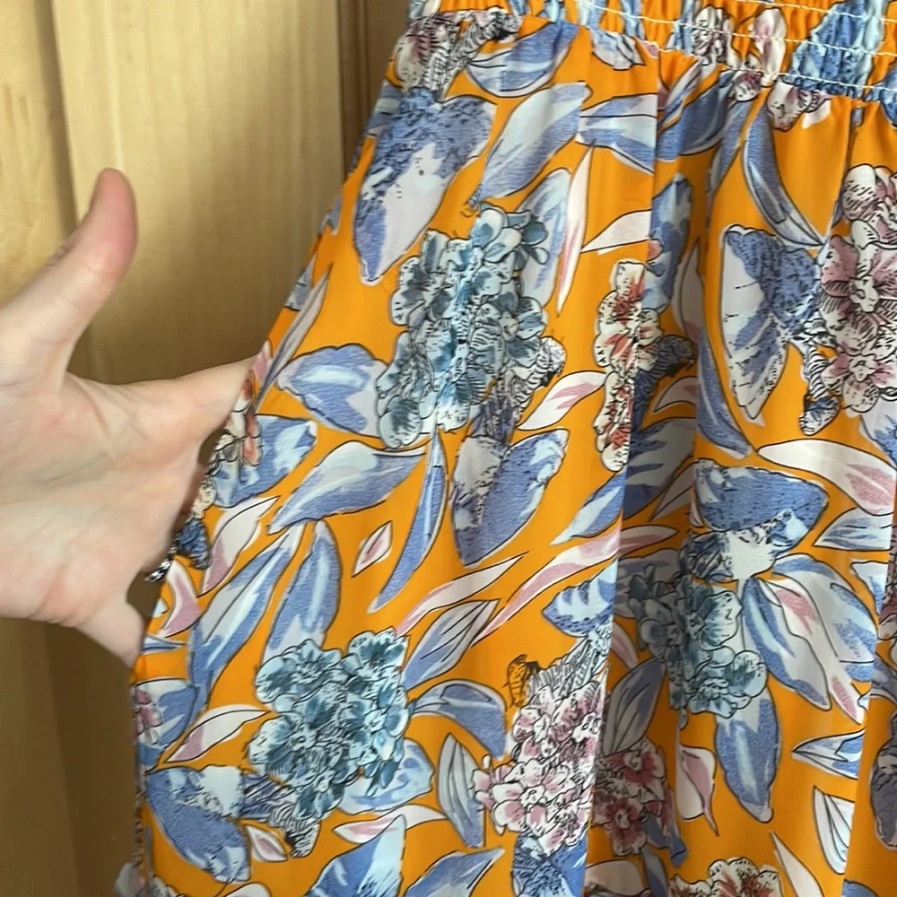 NWT Melloday Orange Tropical Smocked Bodice Ruffle Dress with Pockets in Size S - Picture 3 of 5